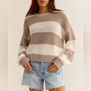 Z Supply Broadbeach Cotton Blend WIDE KNIT CROCHET Stripe Sweater Tan White